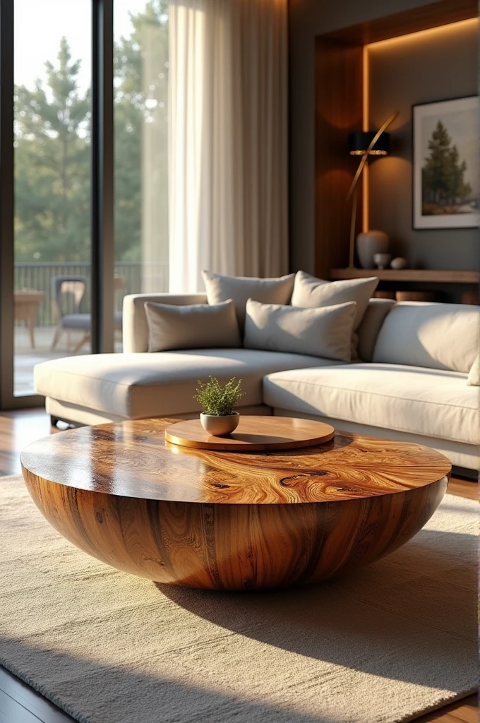 Hello, I would like you to create an image of a coffee table for the living room with recycled plastic and sawdust.