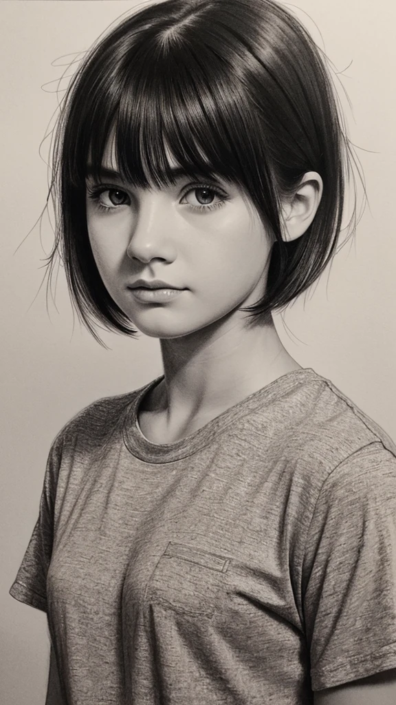 1girl, solo, monochrome, greyscale, short black hair, portrait, T-shirt, closed mouth, looking at viewer, sketch, graphite \(medium\), small lips, hatching \(texture\), without makeup, bangs, upper body, (best illustration), (best quality), (very detailed), (masterpiece),