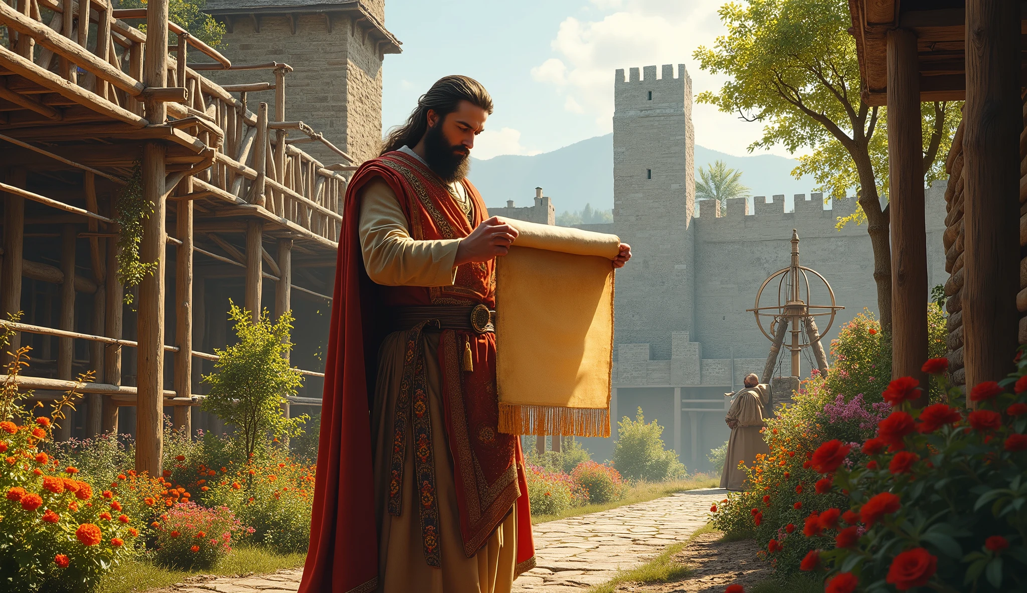 Create an image of Solomon in the middle of a medieval scene that represents patience and dedication to work. Show Solomon studying or planning with a scroll in his hands, surrounded by work tools and ongoing projects. He should be surrounded by symbols of growth and progress, like a well-kept garden or a building being erected. The background should include elements that symbolize time and persistence., like a sundial or a slowly growing tree, highlighting that lasting success is built with patience and dedication