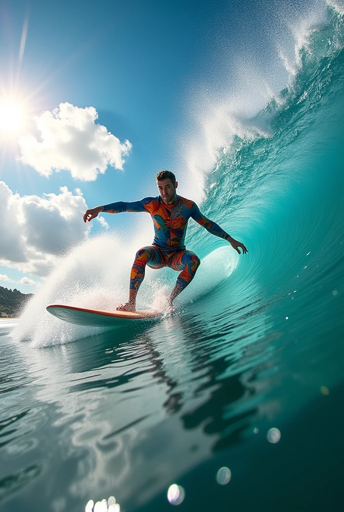 A surfer with a surfboard surfing