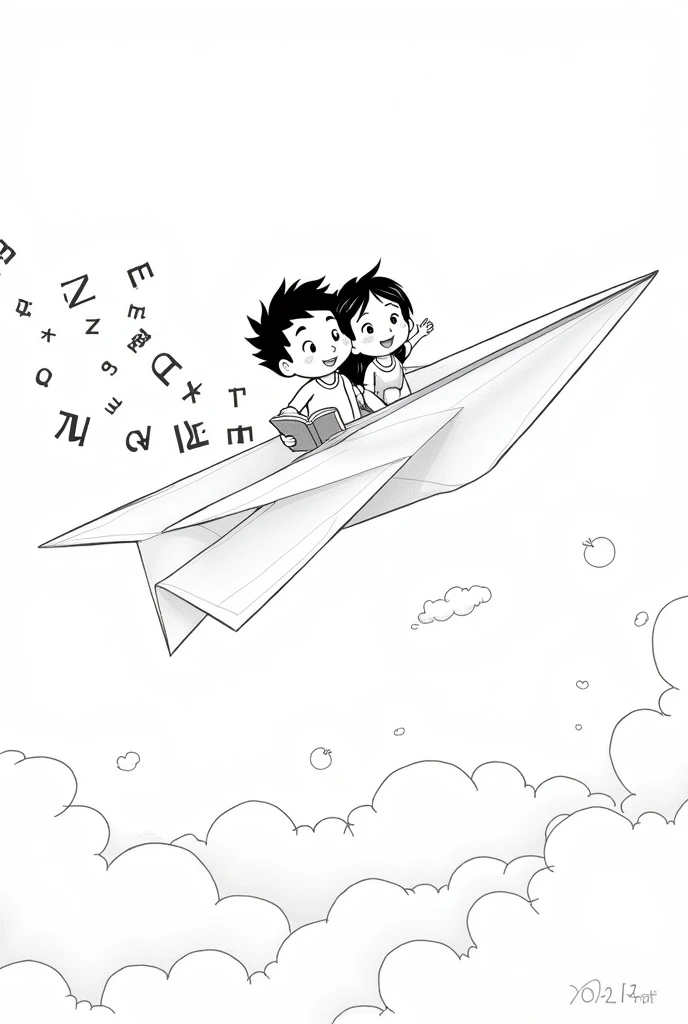 Black and white animated image to color of a paper airplane with letters, with a boy and a girl on it and the children holding a book in their hand