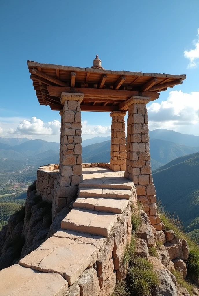 Simple open-air viewpoint that is not like a house that is without walls on a summit with traditional architecture of wood carvings that also uses stone that is from Samaipata Bolivia 