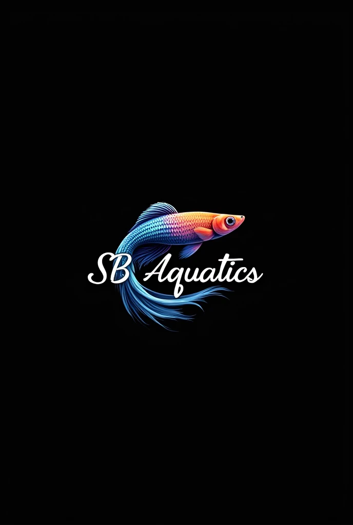 Logo for my fish farm name sb aquatics using with guppy fish with elegant font with black background