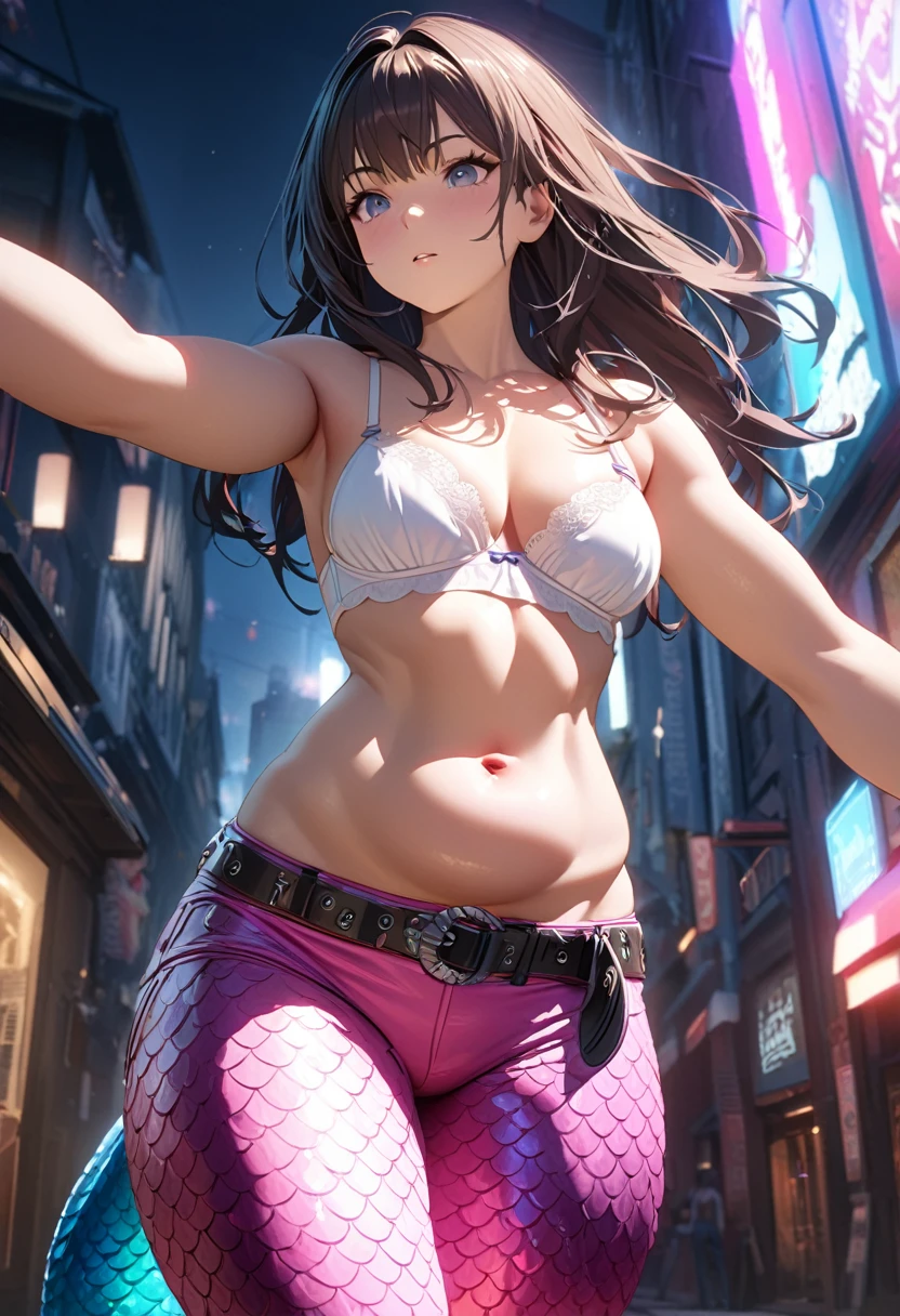 a girl, Thick belly button, bra, no shirt, (bare midriff, exposed navel), sexy abs, navel open，completely exposed abdomen, Low-rise hot pants，Exposed lower abdomen，Mermaid Line, groin，metal belt, cowboy shot, summer street, 8k, best quality, masterpiece, photorealistic, ultra-detailed, vivid colors, professional lighting, cinematic, dynamic pose, dramatic lighting, intricate details，Looking at the camera，Charm