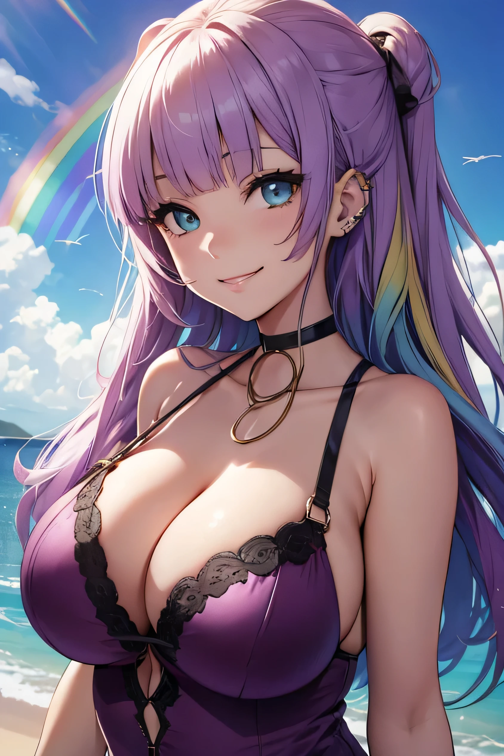 Beautiful girl, smile, colorful world, rainbow sky, big breasts, cleavage,