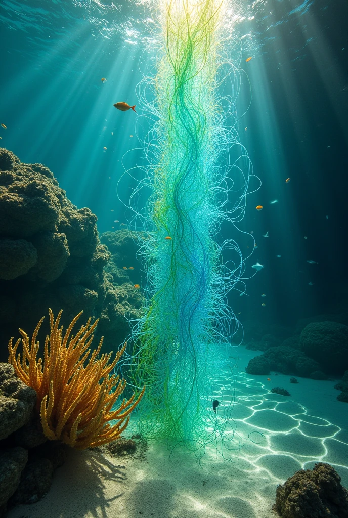 image realistic of bunch of fiber  optic like into the sea