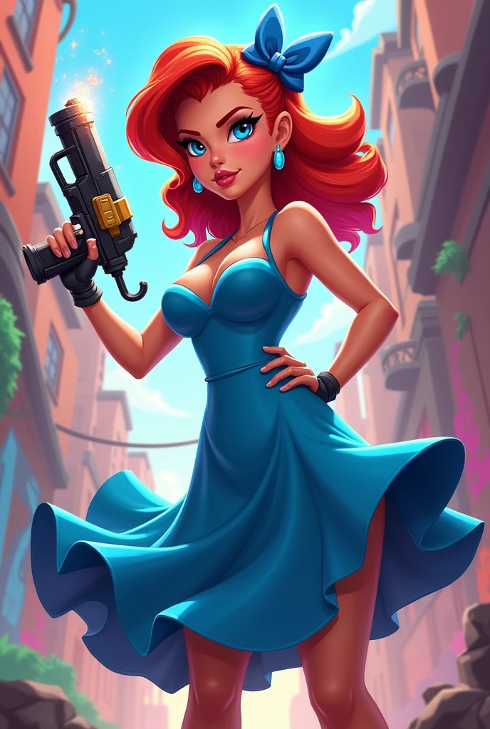 Create Brawl Stars Piper with blue dress, a gun disguised as an umbrella, with big ass, and huge breasts