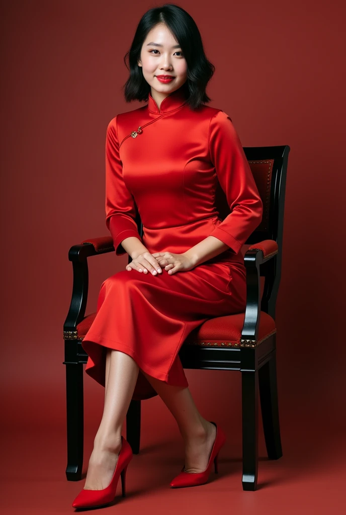 araffe woman sitting on a chair in a red shirt and red shoes, wearing a red cheongsam, profile pic, candid photo, wearing red attire, candid picture, 2 7 years old, 2 8 years old, 2 2 years old, photo taken in 2 0 2 0, profile image, high quality upload, very very low quality picture