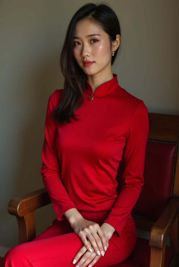 araffe woman sitting on a chair in a red shirt and red shoes, wearing a red cheongsam, profile pic, candid photo, wearing red attire, candid picture, 2 , 2 8 years old old, photo tak 0, profile image, high quality upload, very very low quality picture