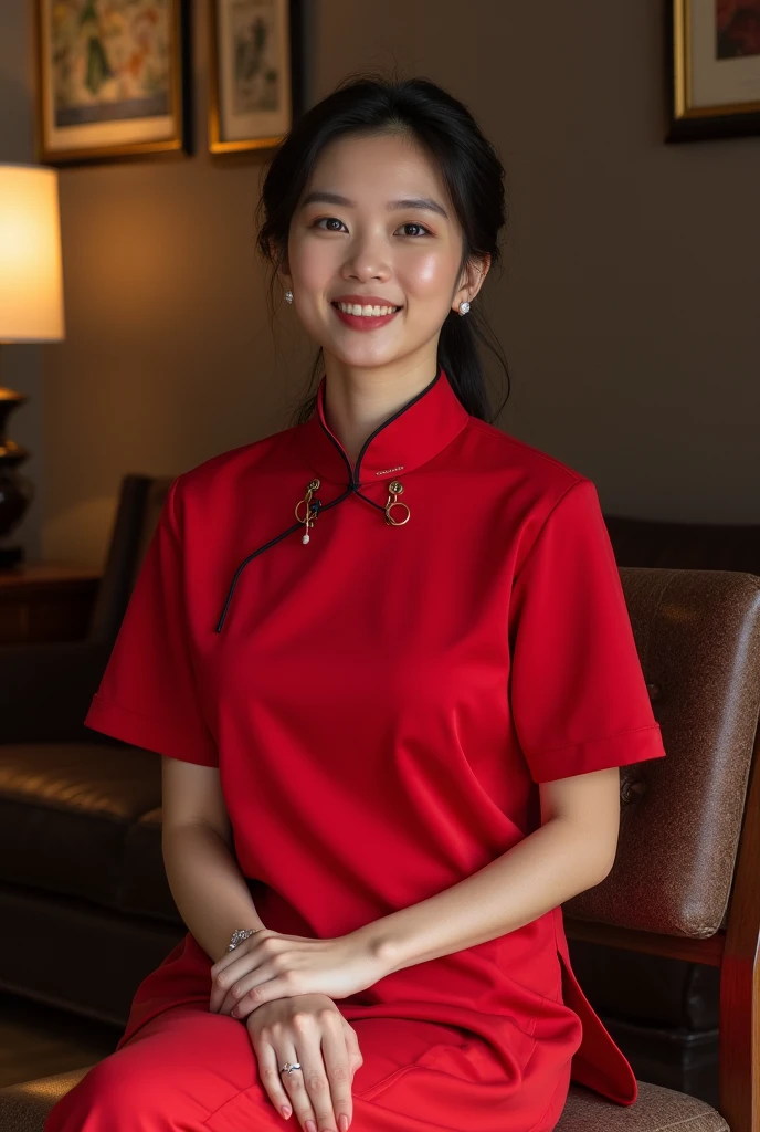 araffe woman sitting on a chair in a red shirt and red shoes, wearing a red cheongsam, profile pic, candid photo, wearing red attire, candid picture, 2 7 years old, 2 8 years old, 2 2 years old, photo taken in 2 0 2 0, profile image, high quality upload, very very low quality picture