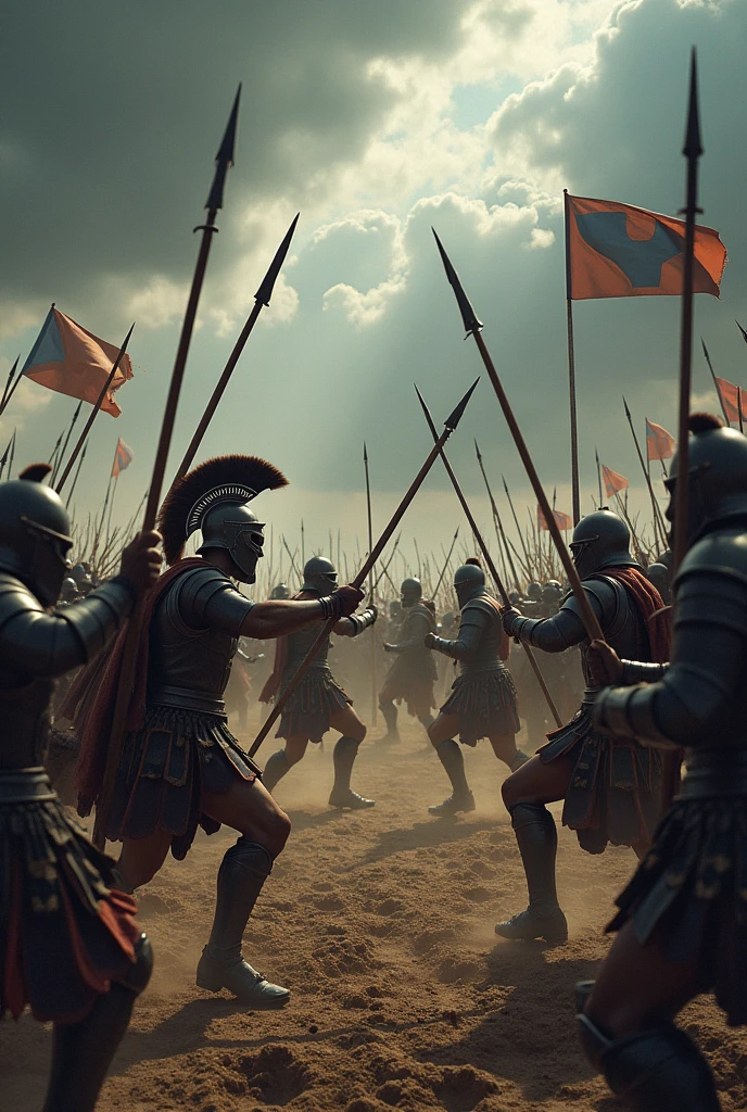 Spartans carrying spears and black knights carrying swords are fighting in the middle of the battlefield.