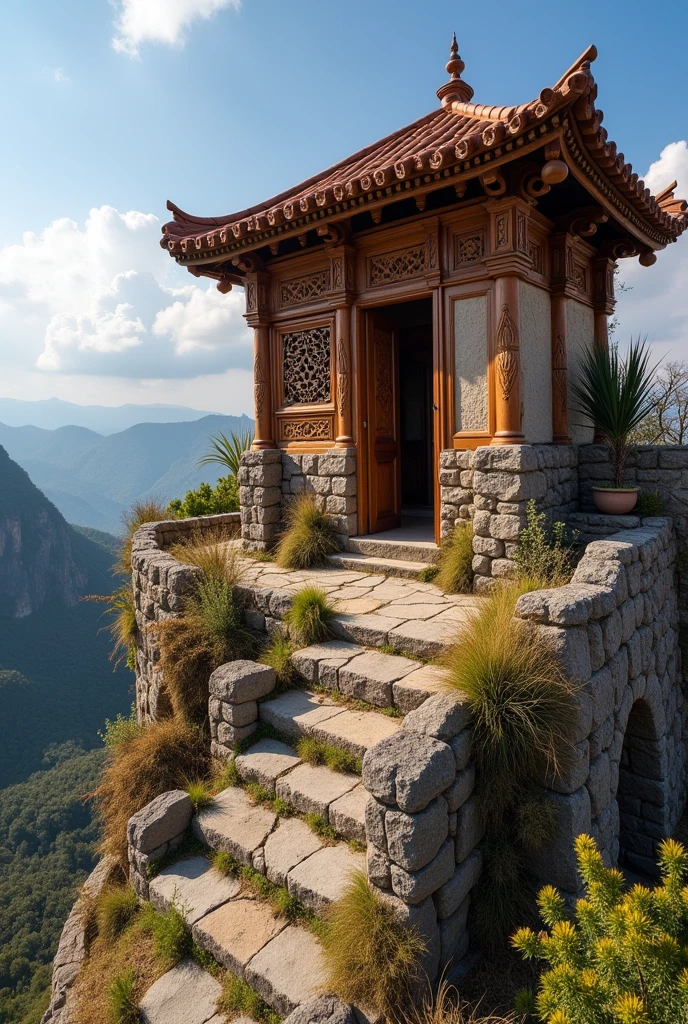Simple open-air viewpoint that is not like a house that is without walls on a summit with traditional architecture of wood carvings that also uses stone that is from Samaipata Bolivia