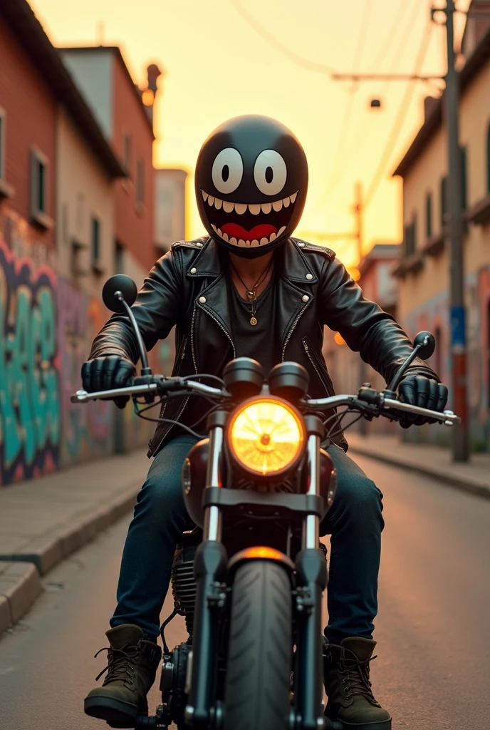 A biker wearing a cartoon-shaped helmet 