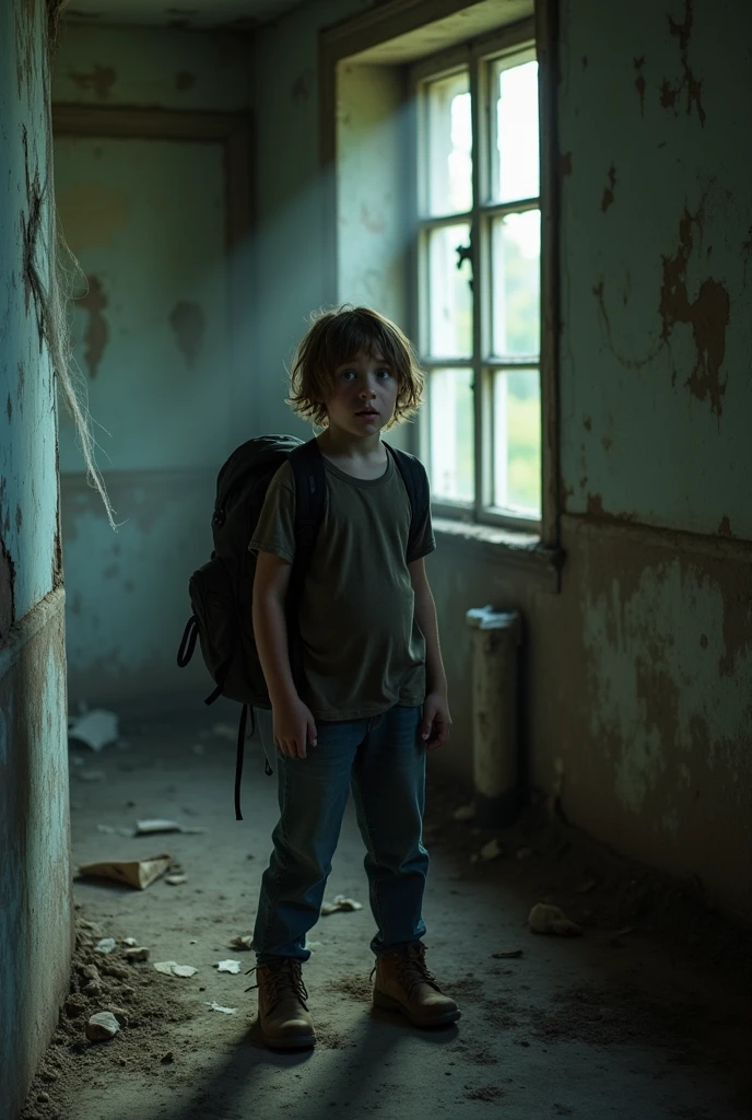 A Scared young Traveller  in a abanded house