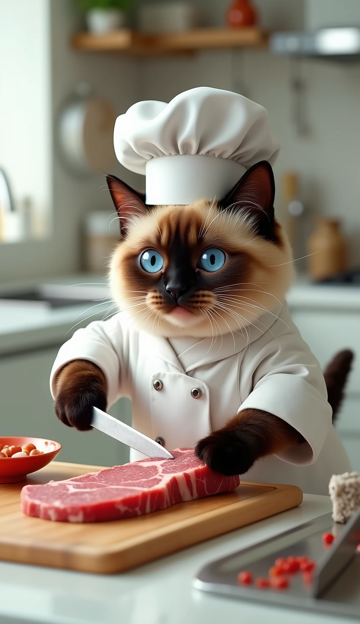 cute fat siamese cat wear clothes, cutting meat beef using knife, Use maximum realistic, As in the photo. In the background, draw a clear kitchen without blurring. ultra realistic, 3d render