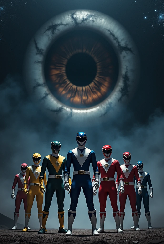 Make the Power Rangers look at the dark sky with a cosmic dark eye, around the eyes there is black smoke