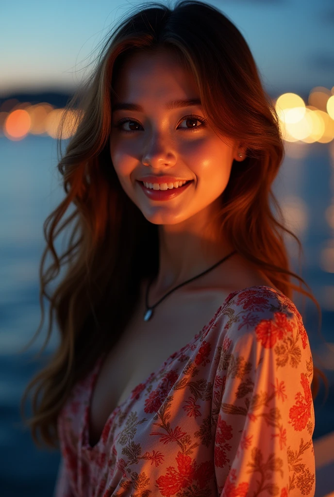 (masterpiece), best quality, expressive eyes, perfect face,soft movie lighting, hdr, complex, highly detailed, ultra-detailed, deep eyes, high and slightly upturned nose, clear jawline, slightly upturned cheekbones, real, real person, hyper-realistic, delicate skin, texture, a young and beautiful woman ,realistic,lustrous skin,smile,suspender dress, (wide hips), red dress, outdoors, night, lips, long hair, green eyes, black hair, wavy hair, evening gown, large breasts,