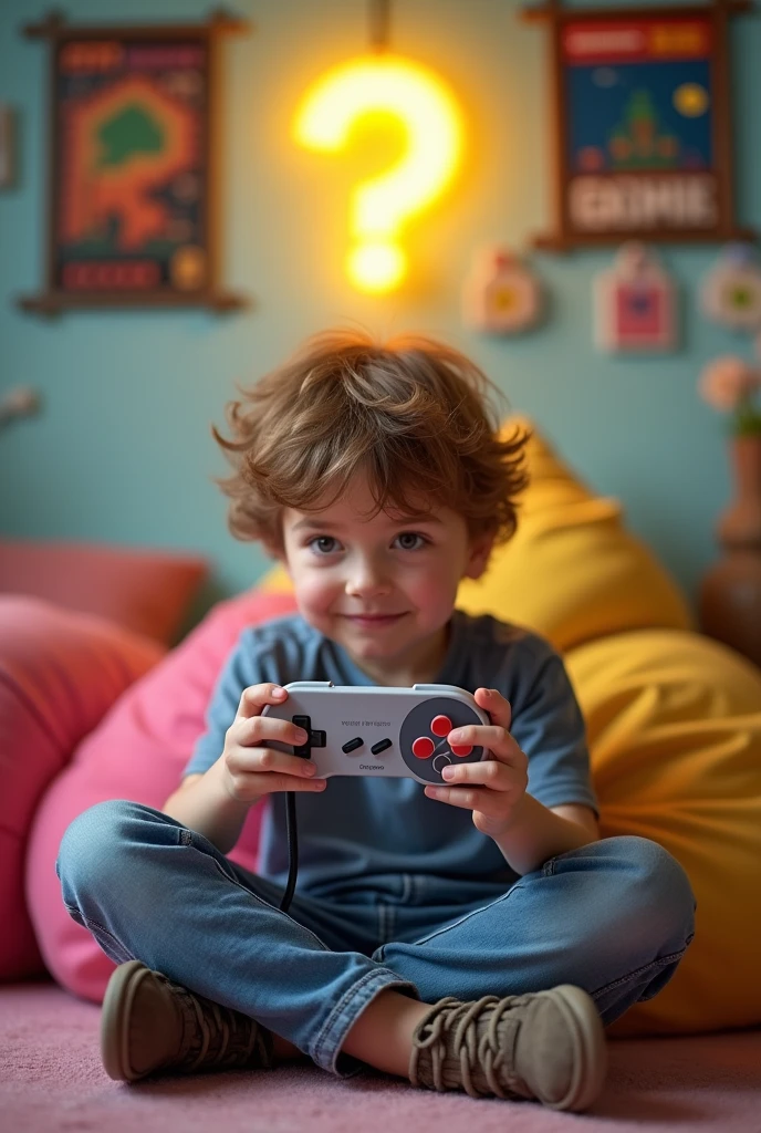 Create an avatar of a young boy playing a Super Nintendo. The boy should be sitting, holding a classic Super Nintendo controller, focused on the game. Above his head, place a bright yellow glowing question mark, symbolizing curiosity or wonder. The overall style should be playful and capture the essence of retro gaming.