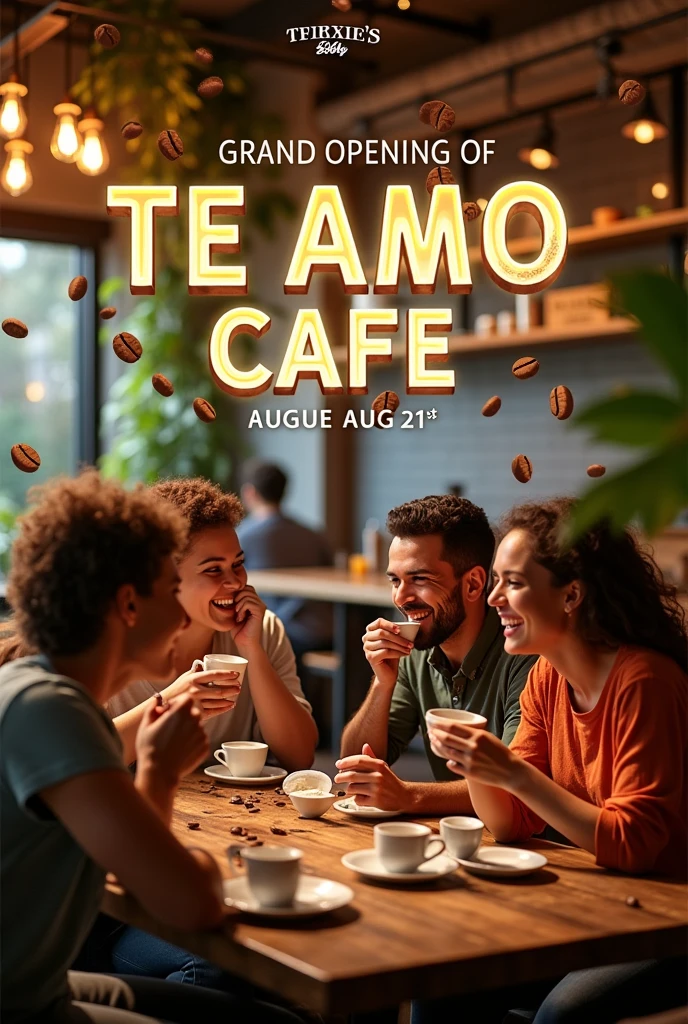 Create hd poster for Te amo Cafe grand opening on 21th August with cuppuccino drinking people background
