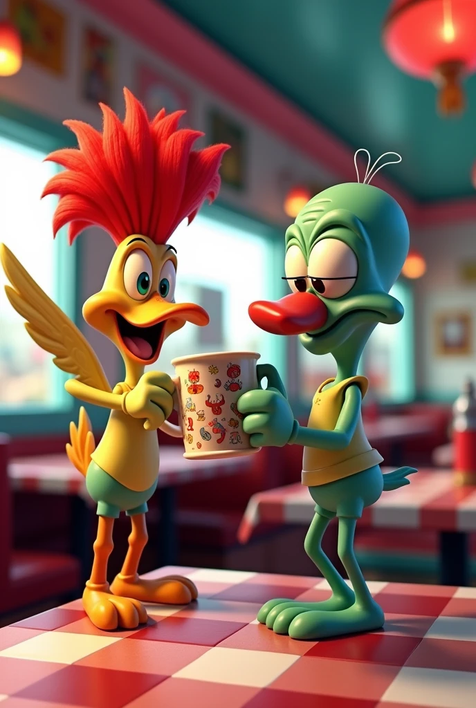 create an image of the cartoon character Woody Woodpecker fighting with Squidward from the Sponge Bob cartoon over a mug
