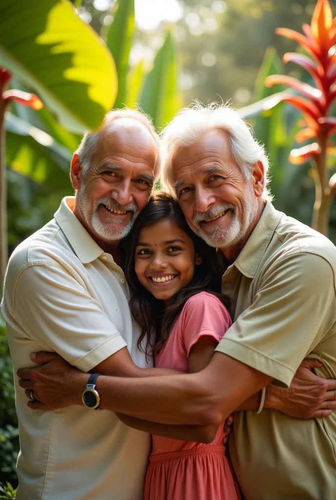 Two German older white men hug and kiss a Sri Lankan girl,they wearing only their underwear,