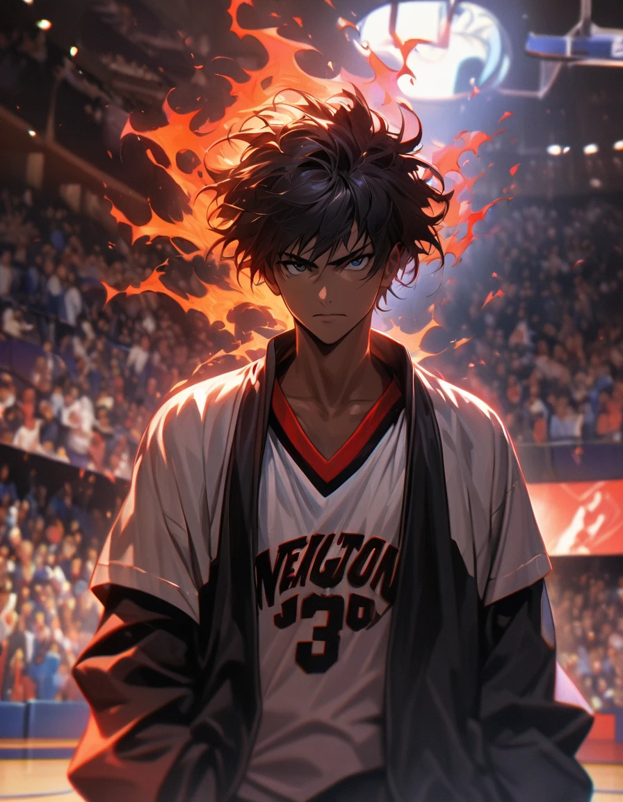 A highly detailed, High resolution portrait captures the essence of a white teenage basketball player with the inspiring aura of Michael Jordan. however, his face and skin showcase unique features, featuring distinct features and a slightly taller stature, more defined build. appearance very inspired by the iconic character megumi fushiguro, The jujutsu master, but with the hair of an ordinary person and Japanese features, This masterpiece depicts the player in the middle of the dunk, exuding a determined gaze and an unshakeable aura of confidence. the meticulously rendered background beautifully recreates the atmosphere of a professional basketball court, complete with packed stands filled with enthusiastic fans.