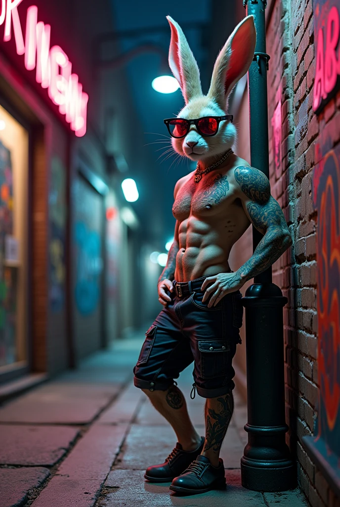 Create yourself a rabbit with two legs, wears glasses to look like a gangster, and has tattoos on his arms and legs