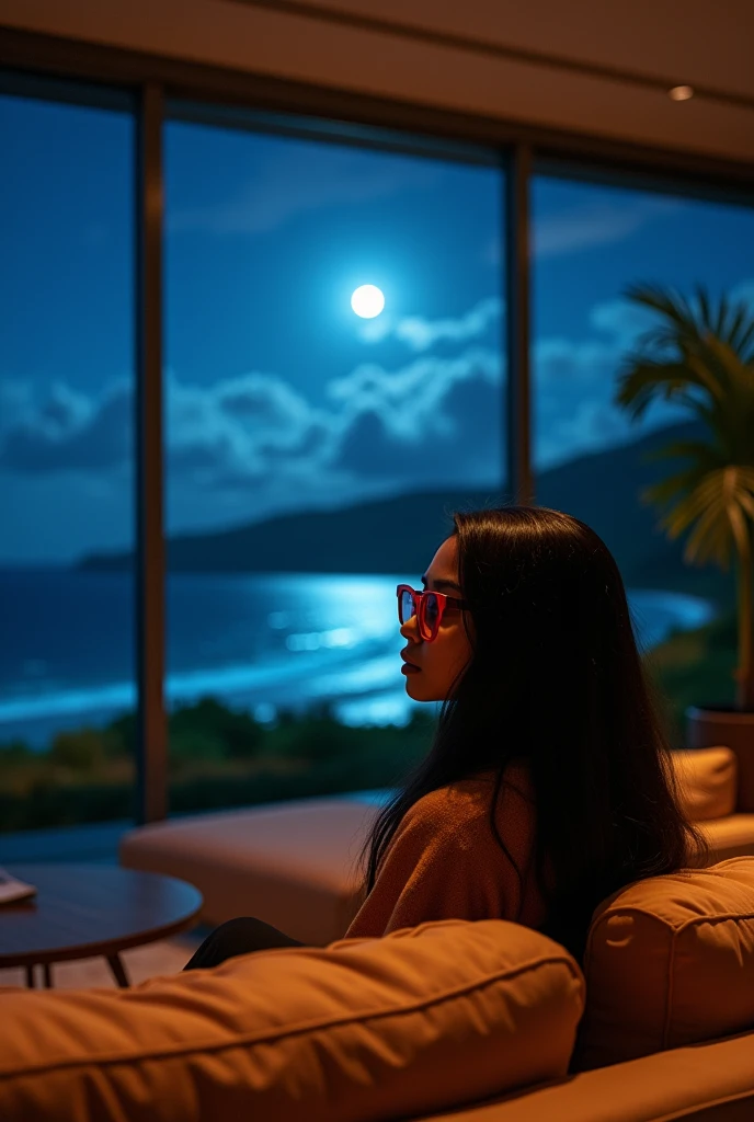 black girl, 19 ans, long black hair, red glasses, sitting in a large luxury modern living room, tan furniture, dark lighting, night, panoramic view of Hawaii out of the window