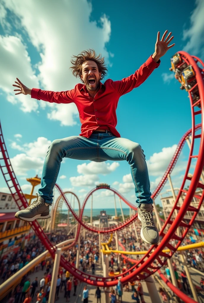 Image of a man jumping off a roller coaster
