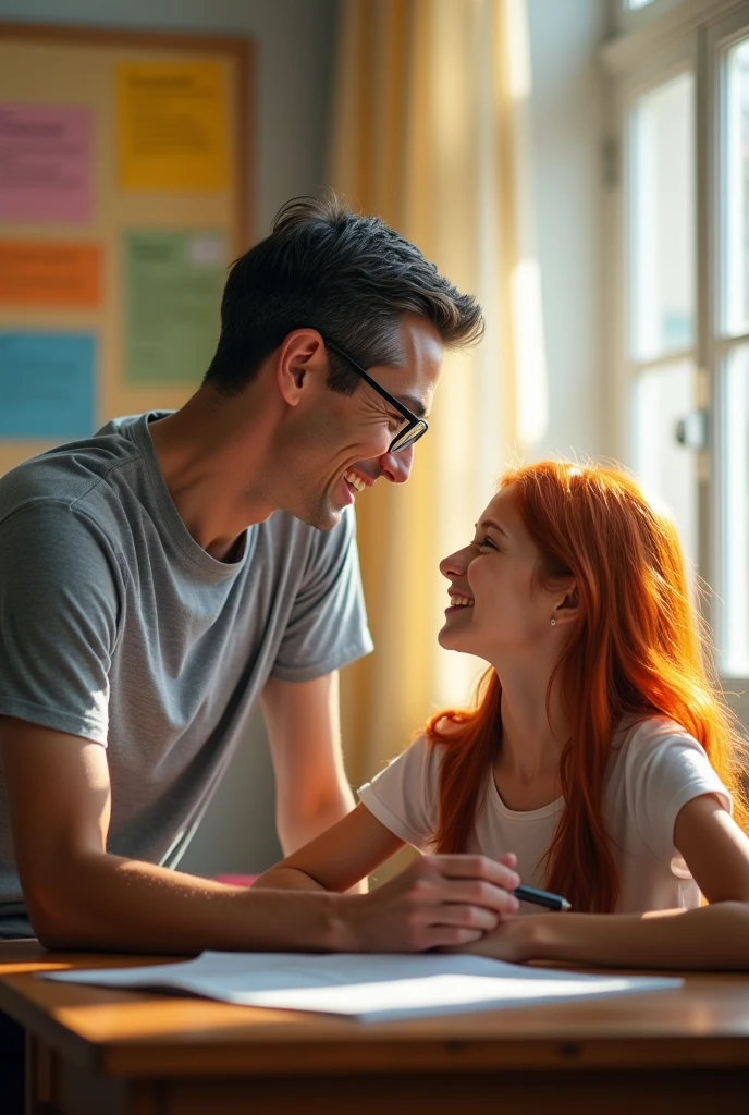 teacher with rectangular glasses, high, 30 year old young man but with some grey hair and NO beard, talking to a redheaded 18 year old girl with glasses who is sitting on a desk, They seem to be in love, Make the teacher have no facial hair, Also his hair is not standing up, The red-haired girl has red hair, not orange, They look at each other in love, the teacher goes casual
