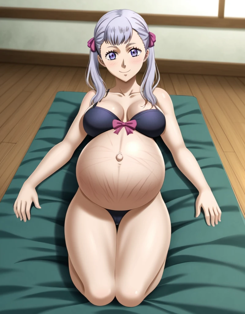 noelle_blackclover, Noelle Silva, Black Clover, long silver hair, waist-length hair, half-up half-down hairstyle, ribbon, soft waves, side-parted bangs, almond-shaped blue eyes, high-quality, ultra-detailed, beast quality, 8K resolution, source_anime,
looking at viewer, smile, pregnant belly, large belly, big belly, Stretch marks, big Breasts, Lying down, Belly button,
1girl,solo, indoors, happy, Smiling, rub belly,
full body,