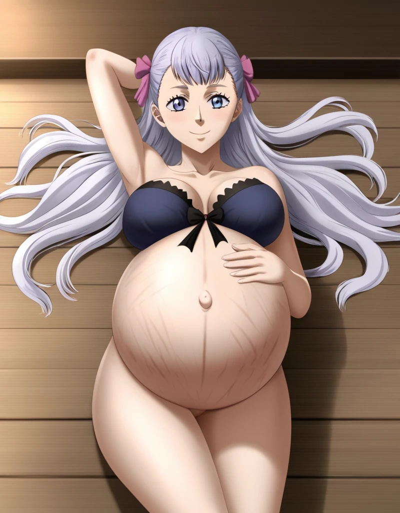 noelle_blackclover, Noelle Silva, Black Clover, long silver hair, waist-length hair, half-up half-down hairstyle, ribbon, soft waves, side-parted bangs, almond-shaped blue eyes, high-quality, ultra-detailed, beast quality, 8K resolution, source_anime,
looking at viewer, smile, pregnant belly, large belly, big belly, Stretch marks, big Breasts, Lying down, Belly button,
1girl,solo, indoors, happy, Smiling, rub belly,
full body,