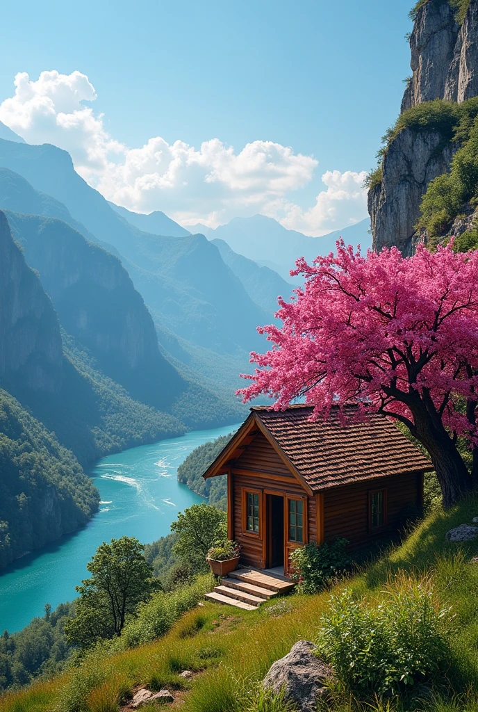 Beautiful house on a mountain, a distant river, a pink ipê tree 