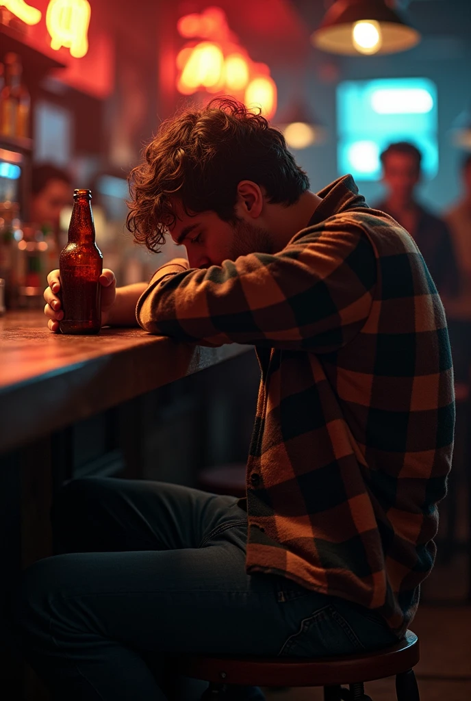 a man sitting on a chair in a bar sad and drunk because he was betrayed this man needs to be dressed in old 1990s clothes