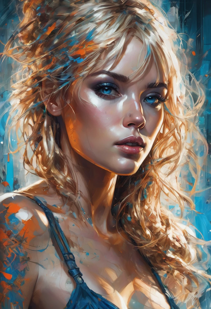 The image presents a full-body portrait of a young, provocative blonde woman, exuding confidence and allure. Her exposed chest emphasizes her alluring physique, while her bright blue eyes, slightly crossed, lend a unique charm to her striking and symmetrical facial features, including full pouty lips and a prominent cleft chin. Rendered in a dynamic comic style reminiscent of artists like Carne Griffiths and Dan Mumford, the illustration showcases perfect anatomy and intricate details that captivate the viewer. Volumetric lighting bathes the scene, accentuating the contours of her body and creating a rich depth in the colors, enhancing the overall visual impact. The centered composition directs focus to her figure, making the artwork both engaging and memorable.