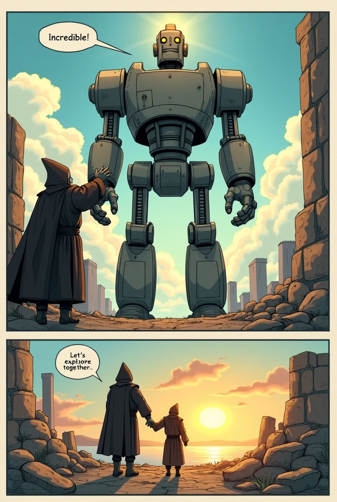 A four-panel comic book in the style of Harvey Comics, square format. Panel 1: A giant, steel robot from the 1940s towers over the ruins of a gothic cathedral, with a sunbeam illuminating its face, no specch bubbles. Panel 2: Close-up of the monk, with his cowl and hood, looking up in awe. Speech bubble text "Incredible!". Panel 3: The robot extends a giant hand towards the monk, who takes it with both hands. Background with clouds and a blue sky, no specch bubble. Panel 4: The robot and the monk walk together towards the horizon, among the ruins, with the sun setting behind them. Speech bubble text "Let's explore together." Pastel colors, soft lines, atmosphere of friendship and adventure.