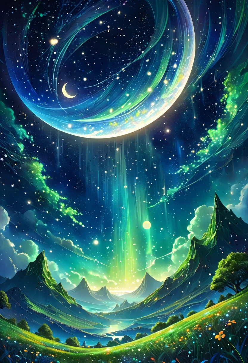 The moon is surrounded by many, many glowing stars. The starry sky is twinkling and light trails are even brighter. Surreal scene. Beautiful and amazing composition. Subtle shadows and highlights. Deep blue, light blue and green tones. More color gradations. Full of mystery. Vibrant Tones Action Painting Highly Detailed HD Cinematic Close-Up Magical Fantasy Gorgeous Digital Art