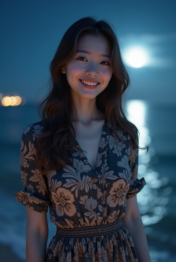 Beautiful one、Detailed eyes、、Highest quality, 超High resolution, (Reality: 1.4), Super Beauty、Beautiful Skin、Slender、Body facing forward、(Surreal)、(High resolution)、(8k)、(Beautiful and detailed eyes)、Detailed face、Bright lighting、Face Focus、Look straight ahead、(The costume is a damask shirt dress.)、Long Hair, Night Scenery、Brown Hair、Japan is an idol、、Age 20、 smile, Seascape