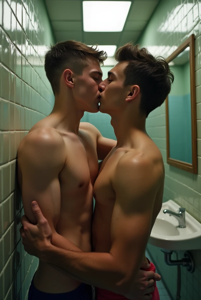 Two attractive agers in a school bathroom, They are both shirtless and one of them is resting his arm on the other's neck while they kiss passionately., and another while they are kissing puts his hand on the other young man's waist