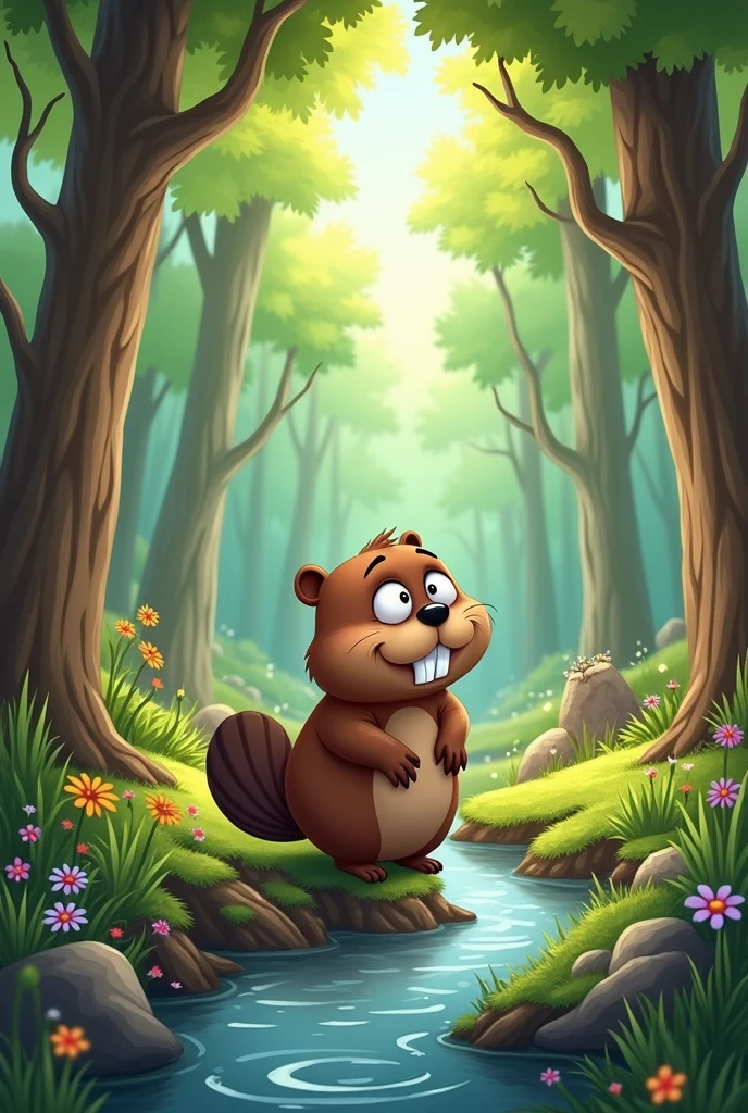 A beaver with a sad expression looking at his destroyed home in the forest , in a cartoon style