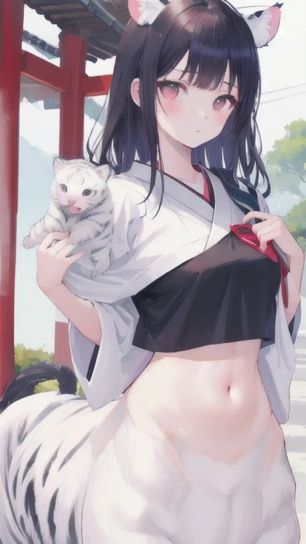 (best quality, masterpiece), 1 girl, centaur, I beg, White skin, Japanese schoolgirl, daughter, black pink, exposing the abdomen, belly button t-shirt , beautiful girl perfect, White tiger photo, 완벽한 White tiger photo