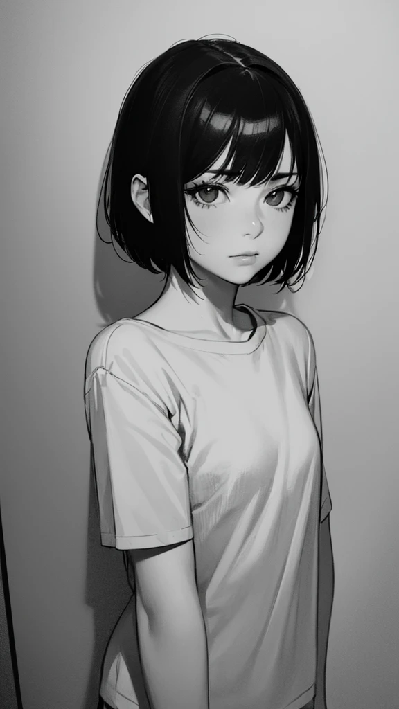 1girl, solo, monochrome, greyscale, short black hair, portrait, T-shirt, closed mouth, looking at viewer, sketch, graphite \(medium\), small lips, hatching \(texture\), without makeup, bangs, upper body, (best illustration), (best quality), (very detailed), (masterpiece),