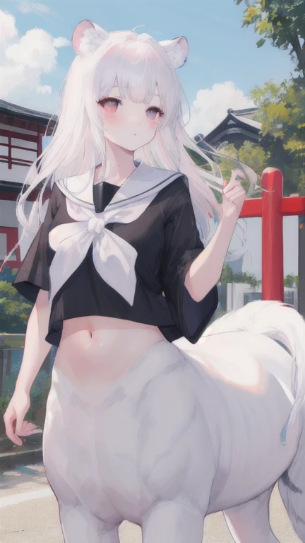 (best quality, masterpiece), 1 girl, centaur, I beg, White skin, Japanese schoolgirl, daughter, black pink, exposing the abdomen, belly button t-shirt , beautiful girl perfect, White tiger photo, 완벽한  White tiger photo