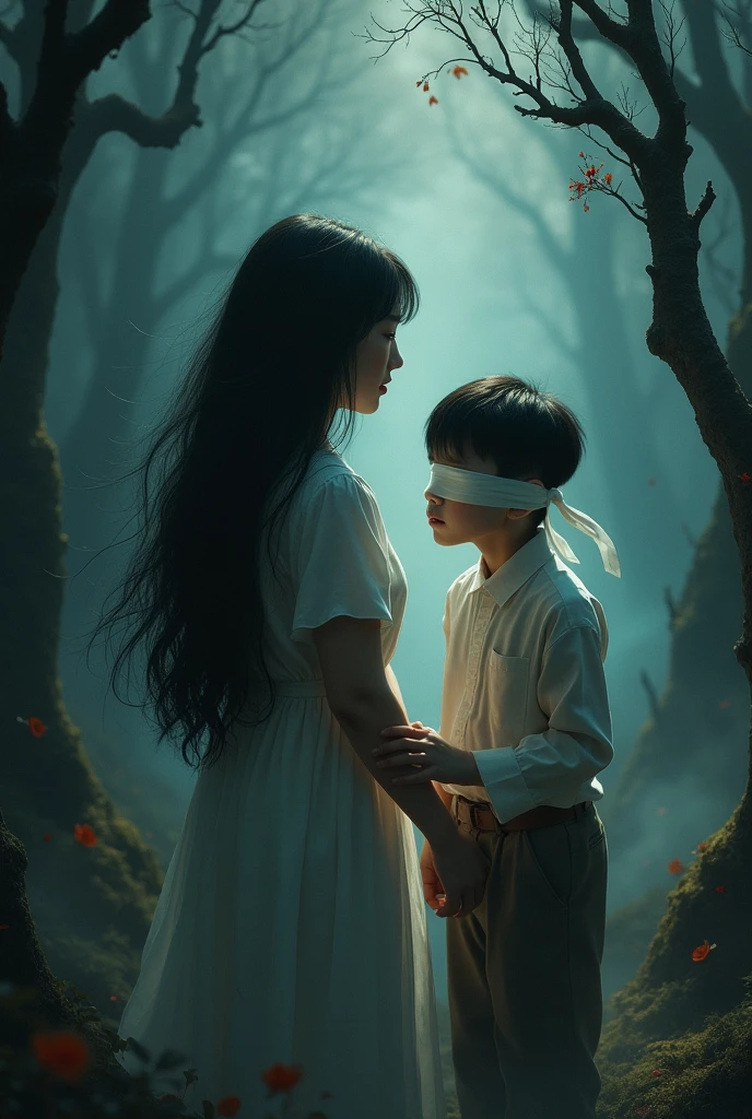 Chinese, very cute beautiful woman, a boy blindfold vomiting bloody in mouth sadism