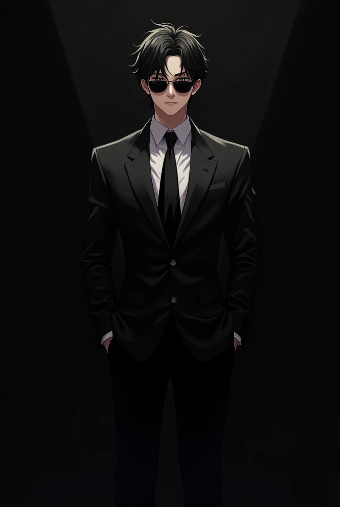 20 years old Anime boy wearing black tuxedo with black shades and black background