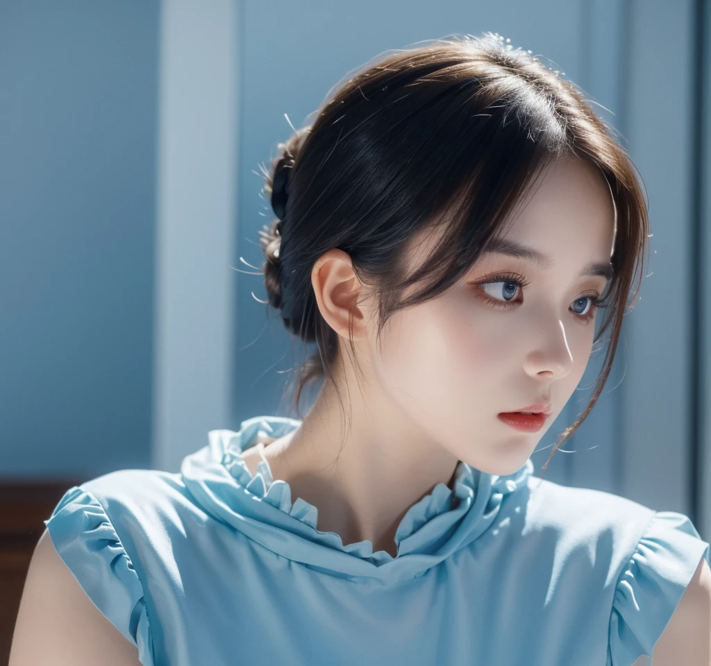 8K, Top quality, masterpiece:1.2), (Practical, photo-Practical:1.37), Top quality, masterpiece, Beautiful young woman, Thoughtful expression, Thoughtful eyes, Dress elegantly, Hair tied at the back, Mood disorder, Movie Background, tired, Light blue
