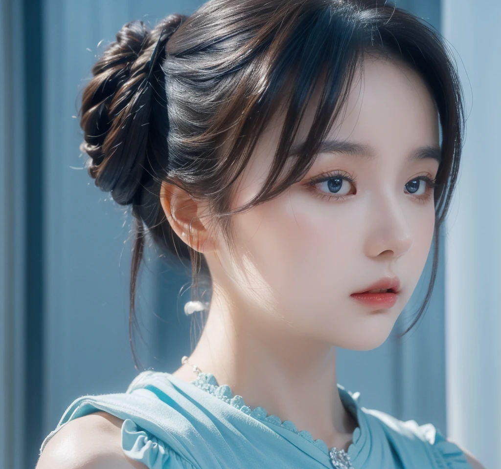 8K, Top quality, masterpiece:1.2), (Practical, photo-Practical:1.37), Top quality, masterpiece, Beautiful young woman, Thoughtful expression, Thoughtful eyes, Dress elegantly, Hair tied at the back, Mood disorder, Movie Background, tired, Light blue
