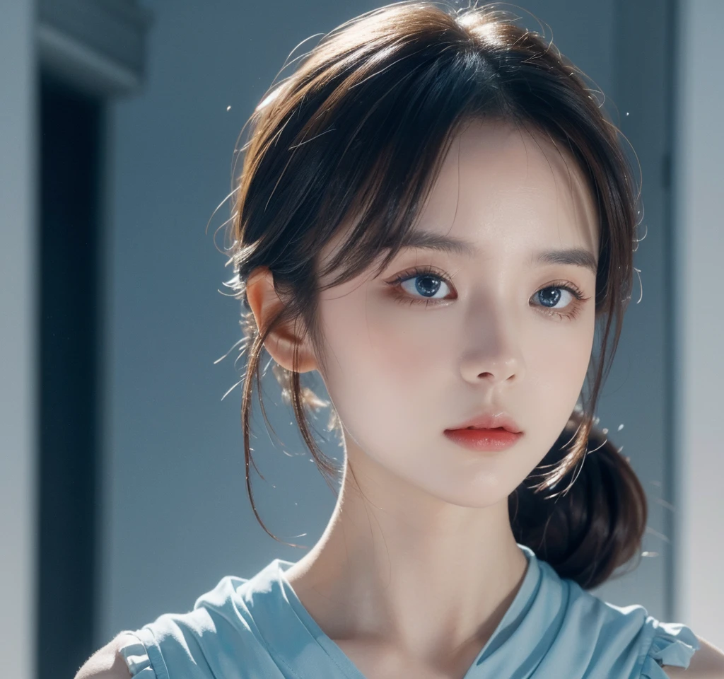 8K, Top quality, masterpiece:1.2), (Practical, photo-Practical:1.37), Top quality, masterpiece, Beautiful young woman, Thoughtful expression, Thoughtful eyes, Dress elegantly, Hair tied at the back, Mood disorder, Movie Background, tired, Light blue
