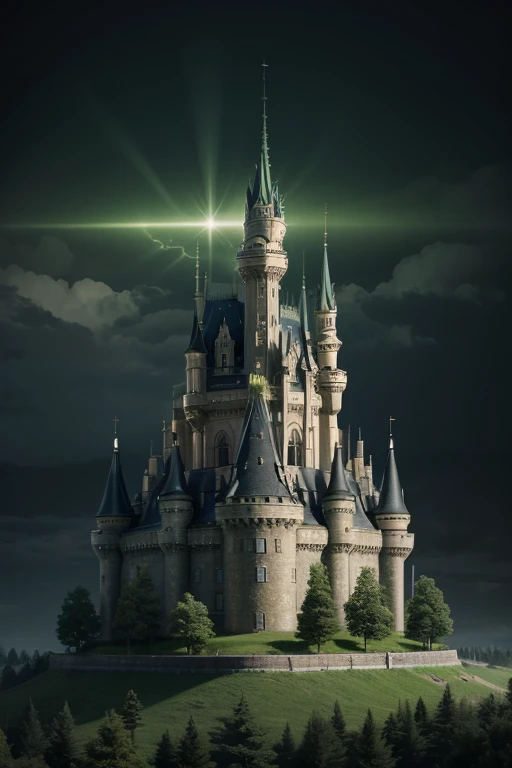 a giant castle made of green technology in a super protected digital world with a black background