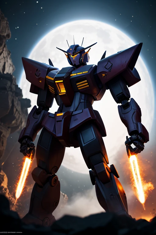 a violet gundam robot, samurai styling, staring up, low angle, lunar surface, raging battle in space, best quality, 8k, highres, masterpiece, ultra-detailed, realistic, photorealistic, HDR, UHD, studio lighting, ultra-fine painting, sharp focus, physically-based rendering, extreme detail description, professional, vivid colors, bokeh, mecha, science fiction, dramatic lighting, cinematic, powerful, striking pose, dynamic action, epic scale
